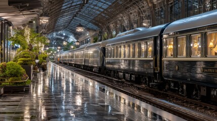 Naklejka premium Elegant vintage train carriage reflections in beautifully illuminated historic station at night, showcasing architectural grandeur and atmospheric charm