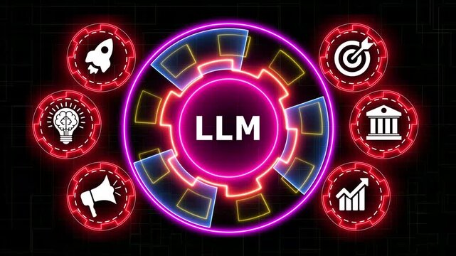Large language model digital interface animation with neon glowing circular gears.