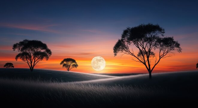 Full moon rising over rolling hills with tree silhouettes