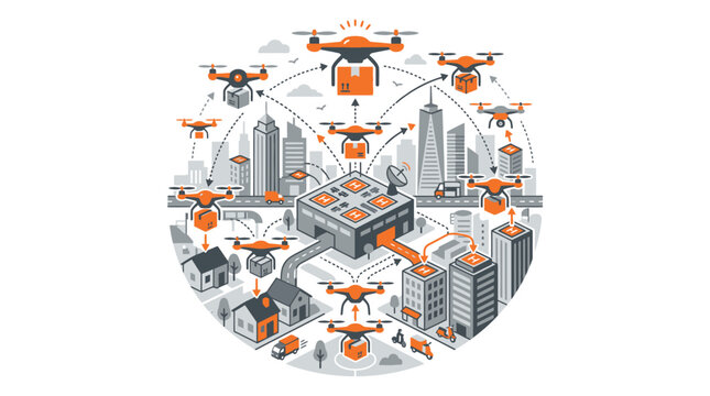 Drones flying around a city block.