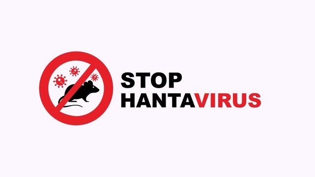 Red prohibition circle rodent silhouette virus particles stop hantavirus graphic for web banners, social media posts, and infographics design.