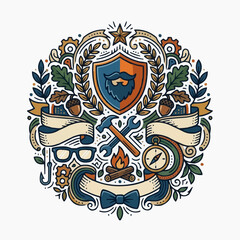 Obraz premium A colorful vector graphic illustration of a shield with a beard and various tools and objects around it