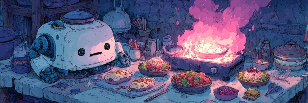 A robot prepares food on a table next to a fire with various dishes and ingredients in a kitchen.
