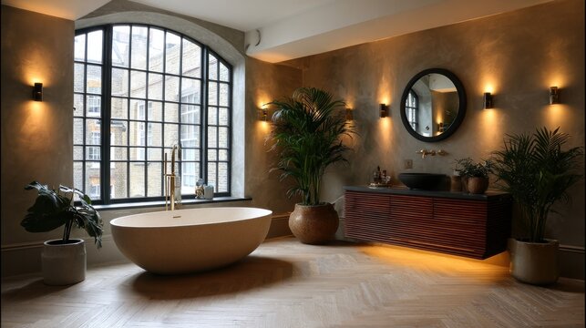 Luxurious bathroom interior features an elegant freestanding tub beneath a large arched window