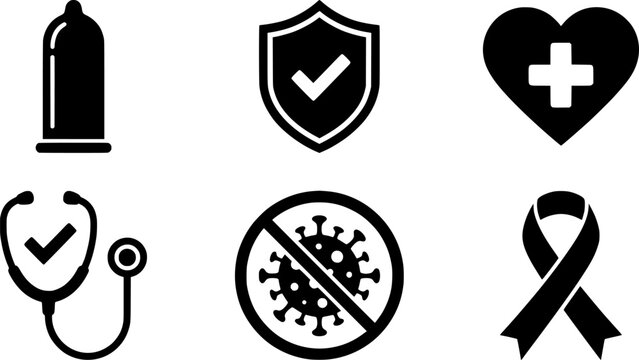 Safe Sex And Healthcare Silhouette Icon Set Representing Contraceptive Prevention, Medical Care, And Virus Protection