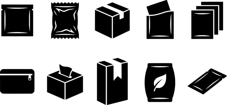 Product Packaging Icons Set For Condom Foil Sachet Box Wipes And Cargo Vector Silhouette Elements
