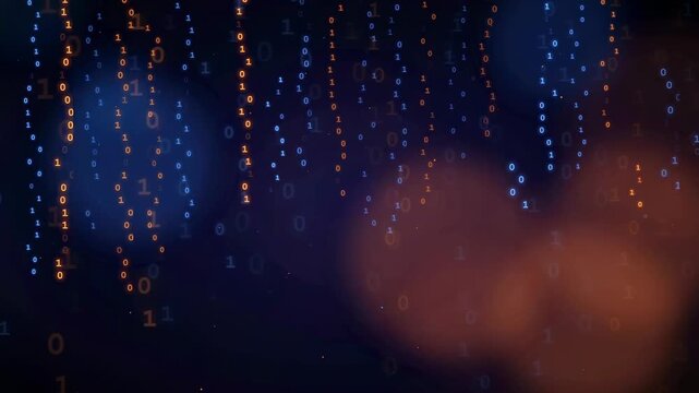 Abstract Digital Binary Code Stream with Blue and Orange Bokeh Lights on Dark Background