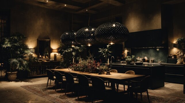 Luxurious dining area features dark, moody lighting over a long wooden table set adjacent to a modern kitchen space
