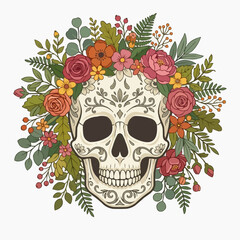 Fototapeta premium A colorful illustration of a sugar skull decorated with flowers and foliage in a vibrant, festive design