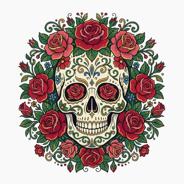 A colorful sugar skull surrounded by roses and floral patterns in a circular design