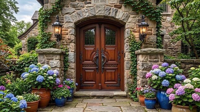Stone House Entrance with Wooden Doors and Hydrangeas