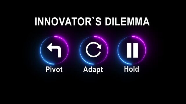 Innovator dilemma challenges decision making to pivot adapt or hold strategies for business growth black background and success in competitive markets 4k videi...