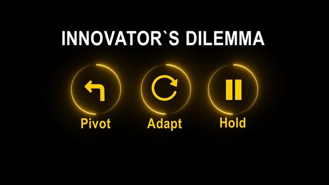 Innovator dilemma challenges decision making to pivot adapt or hold strategies for business growth black background and success in competitive markets 4k videi...