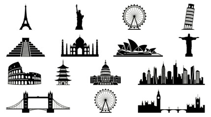 Fototapeta premium World Landmark Silhouettes Set Featuring Famous Global Architecture and City Skylines for Travel Design and Vector Illustration