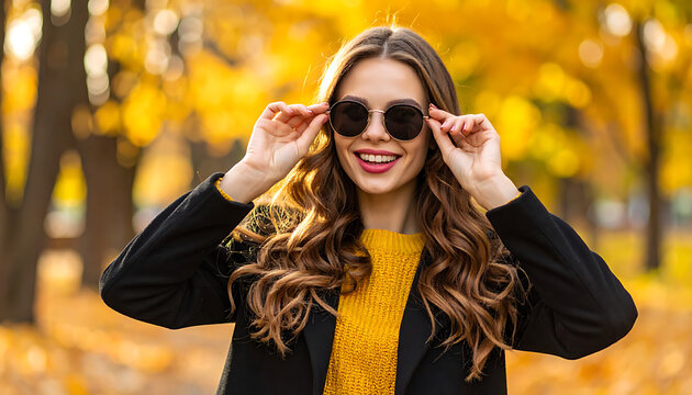Smiling woman wearing sunglasses and a yellow sweater in a park during autumn with golden foliage, golden hour light, happy mood