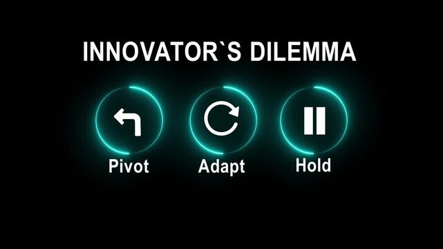 Innovator dilemma challenges decision making to pivot adapt or hold strategies for business growth black background and success in competitive markets 4k videi...