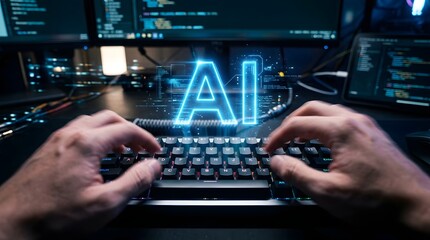 Fototapeta premium Hands typing on futuristic ai keyboard display