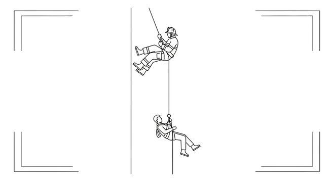 Two people rappelling down a wall, extreme sport, adventure, outdoor activity, teamwork, safety equipment
