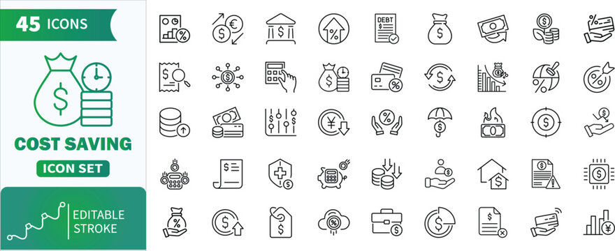 Cost saving icons set with editable stroke. Set of 45 line icons presenting various economy and banking concepts