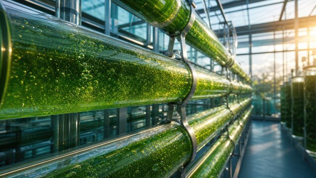 Microalgae Bioreactor Tubes in Greenhouse, Sustainable Biofuel Concept
