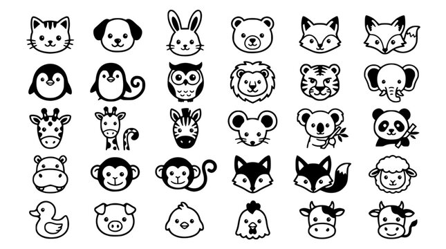 Black and white vector illustration of various cute animal faces