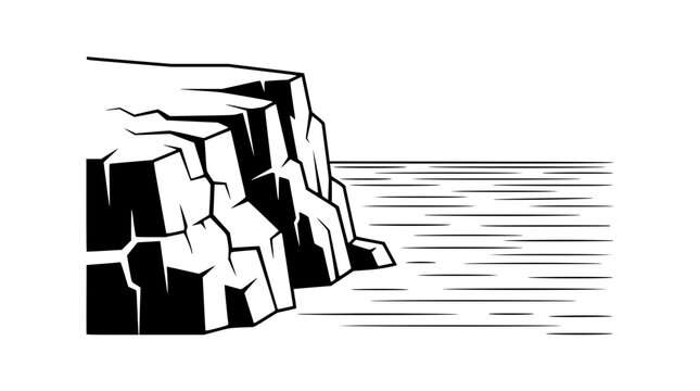 Black and white vector illustration of rugged rocky cliffside by ocean
