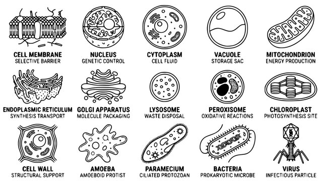 Detailed vector illustration of various cell and microbe structures diagram