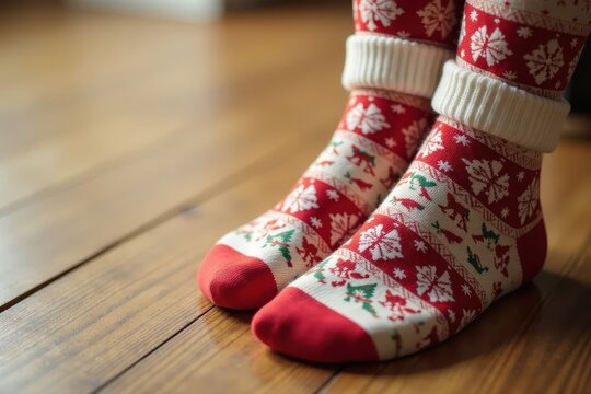 Close-up of Christmas socks in a seamless beige Christmas geometric pattern on a wooden floor, sock, geometric, christmas