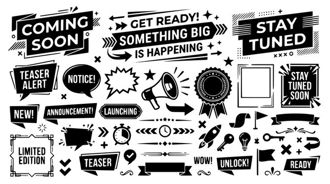 Black and white vector graphic illustration of announcement labels