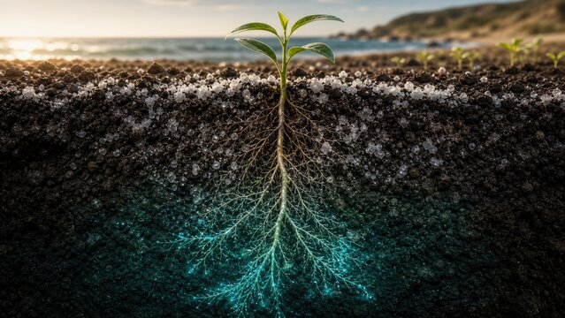 Salt Stress Crystals Around Seedling Roots, Plant Resilience Illustration
