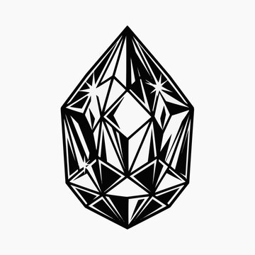 A black and white vector graphic illustration of a geometric crystal shape with a faceted surface
