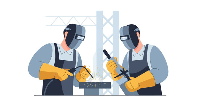 Two welders in protective gear working together on a metal structure.