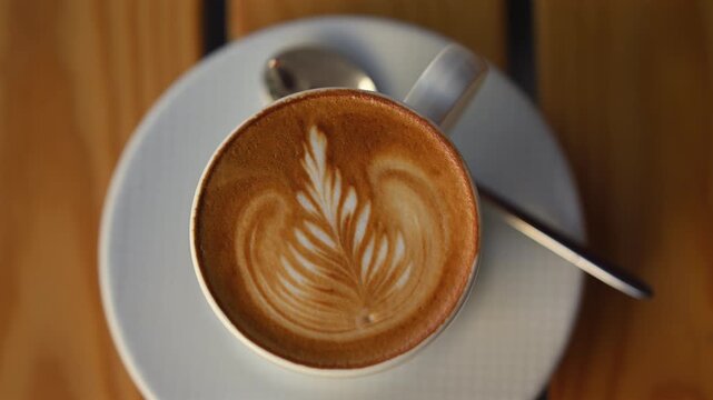Freshly prepared latte served in a ceramic cup with elegant leaf shaped latte art on creamy foam