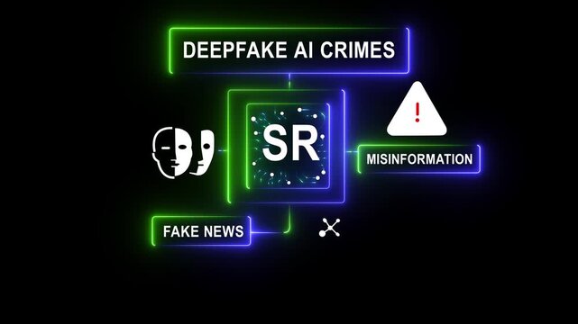 Deepfake and SR crimes create misinformation and fake news risks with advanced technology black background causing serious digital security concerns worldwide 4k animason...