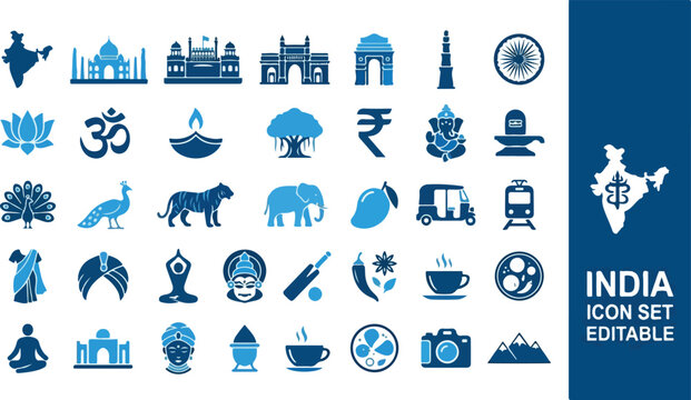 India travel and cultural heritage icon set in blue silhouettes