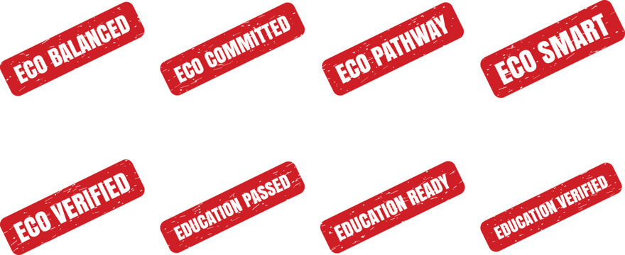 Eco Balanced Eco Committed Eco Pathway Eco Smart Eco Verified Education Passed Education Ready Education Verified Edu Verified Grunge Rubber Stamp Vector Set