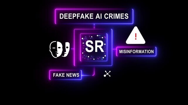 Deepfake and SR crimes create misinformation and fake news risks with advanced technology black background causing serious digital security concerns worldwide 4k animason...