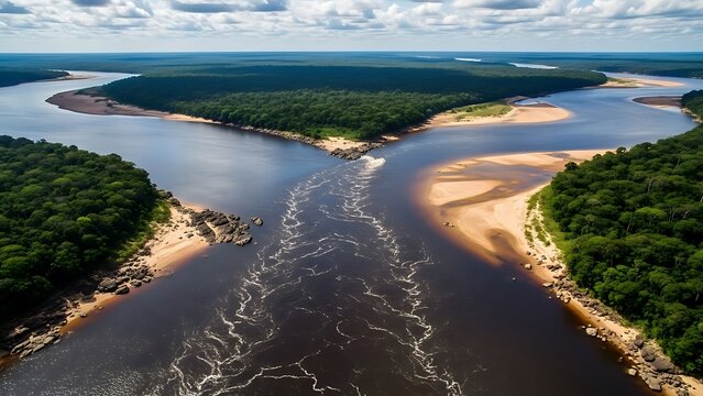 Aerial view of tropical river delta landscape.