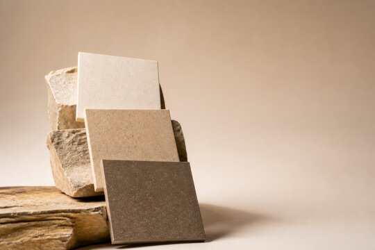 Natural stone and textured tile samples arranged in a studio display