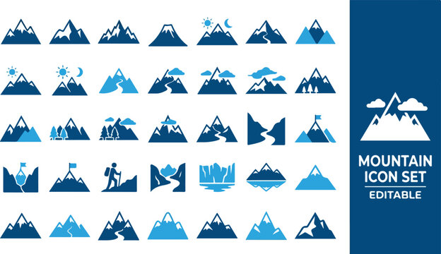 Mountain peak and outdoor adventure icon set in blue