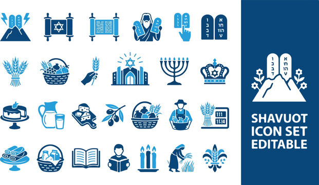 Jewish holiday icons for shavuot with torah and dairy food elements