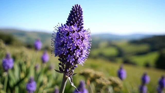 A stunning close-up of a blooming purple squill flower in a sunny hillside meadow, with rolling green hills and a clear blue sky blurred in the background.