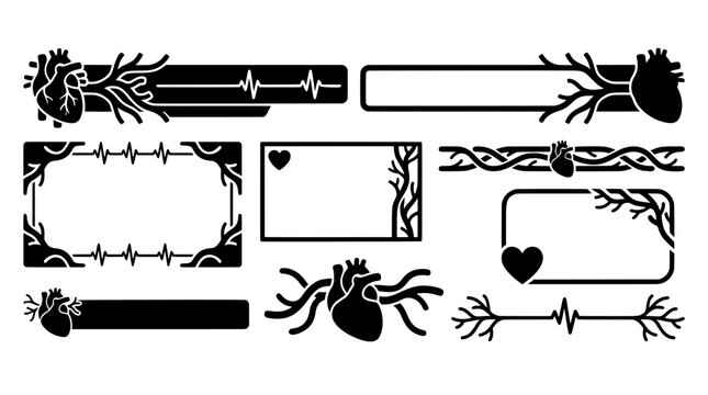Black medical streaming overlays featuring anatomical hearts, vein webcam frames, blood vessel banners, and ECG heartbeat lower thirds vector set