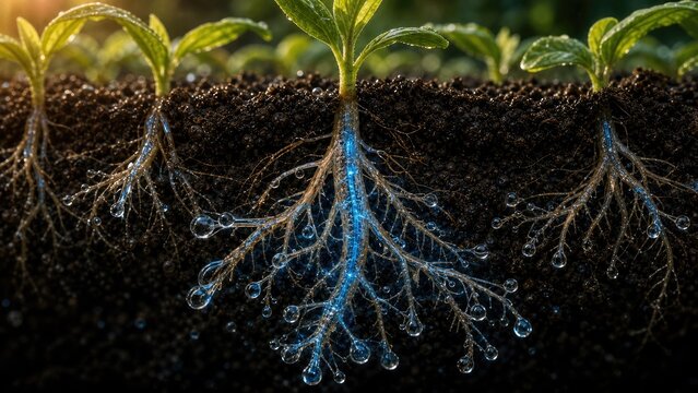 Root Pressure Pearl Droplets on Plant Roots, Water Uptake Illustration
