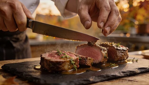 Chef hand cutting beef steak with knife and herb rustic stone plate cooked juicy dinner gourmet style rare to medium meat restaurant food cuisine delicious meal dish with rosemary smoke and brown
