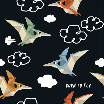 Pterodactyls Flying in the Sky with Clouds Seamless Pattern