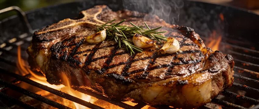 Grilled steak barbecue beef over blazing fire and flame with rosemary garlic herb dinner, juicy ribeye meat chop sizzling on charcoal grill in smoky outdoor summer heat for gourmet protein dinner
