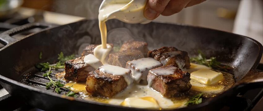 Steak beef meat grill pan butter sauce cream herb garlic sizzle hot cast iron pan tender cube cut texture creamy sauce steak grill pan butter herb chef cooking gourmet dinner juicy beef skillet