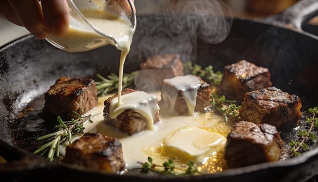 Gourmet steak beef gravy with herb garlic butter in hot cast iron skillet cuisine dinner, sizzling juicy steak cubes in creamy sauce, aromatic rosemary thyme comfort food