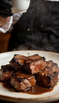 Steak beef grilled juicy sauce gravy dinner gourmet restaurant smoky grilled steak bite covered rich brown gravy sauce with steam rising succulent juicy steak grilled meat steak bite stack topped